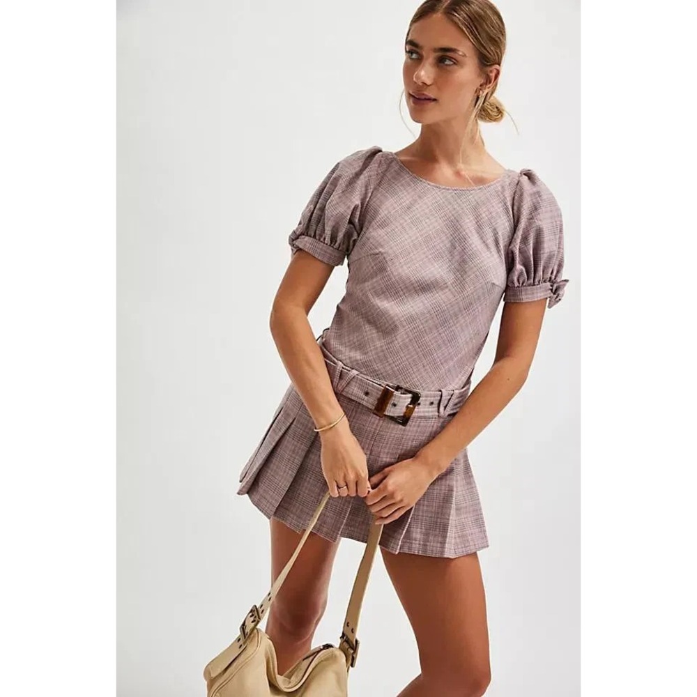 Free People Sevi Plaid Mini Dress Womens XL Pink Pleated Hem Drop-Waist Belted